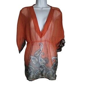 JW Style Sheer Orange Black Paisley top Size L